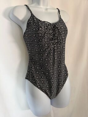 Women’s Black Patterned One-Piece Swimsuit with Lace-Up Front